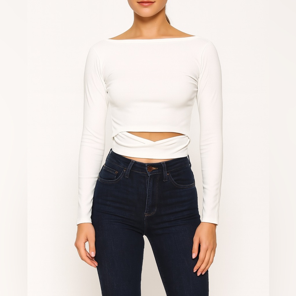 White Ribbed Long Sleeve Crop Top Slit Back Detail
